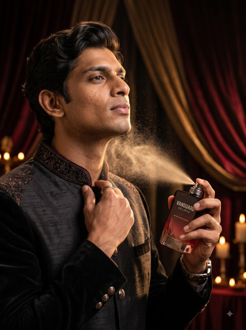 Men's Eau De Parfum Editorial AI Product Photography Prompt Festive Portrait