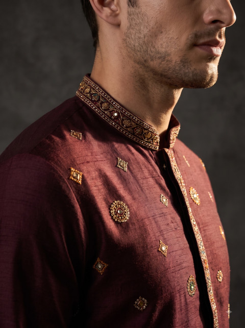 Men's Embroidered Mandarin Collar Macro Detail Product Photography Prompt