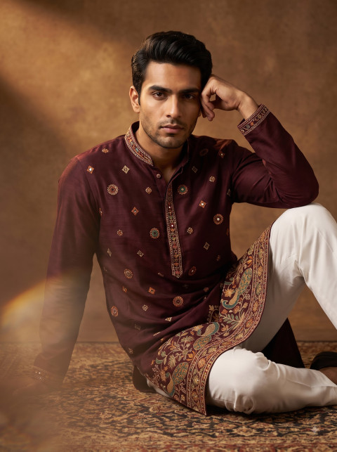 Men's Festive Silk Kurta Casual Seated Commercial Photography Prompt