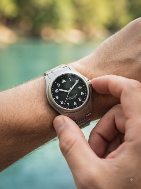 Men's Lifestyle Product Photography Prompt Crown Adjustment on Automatic Watch by Alpine Lake