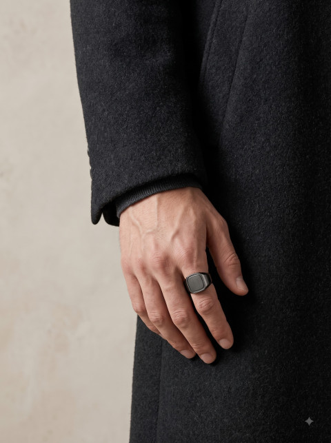Men's Matte Metal Signet Ring on Hand with Wool Overcoat Lifestyle Editorial Jewelry Photography Prompt