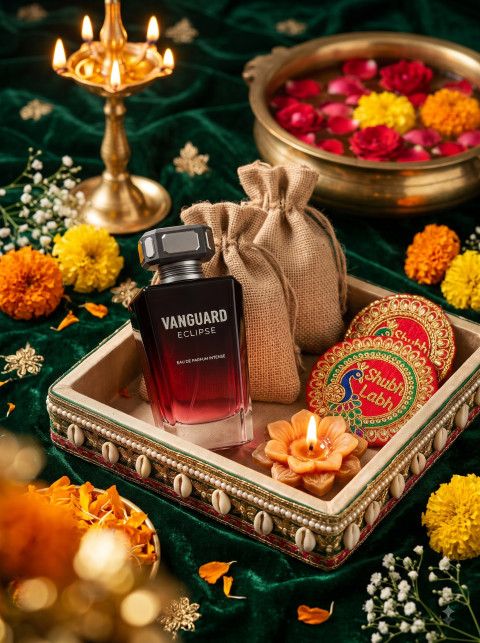 AI Festive Fragrance Photography Prompts Luxury Mens Perfume Packshots and Diwali Campaign Studio Scenes - Angle 2