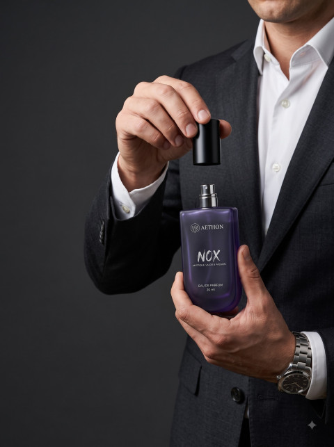 Men's Perfume Commercial Lifestyle Product Photography Prompt Suited Model Hands