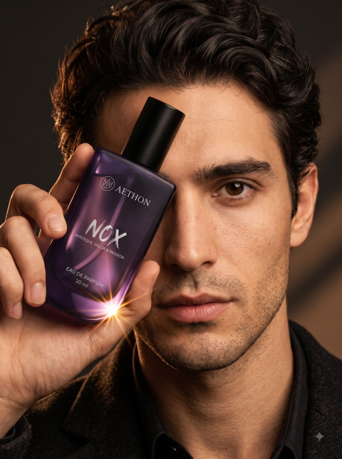 Men's Perfume Editorial Portrait Product Photography Prompt Warm Studio Lighting