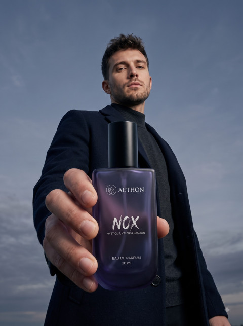 Men's Perfume Lifestyle Product Photography Prompt Low Angle Heroic Shot