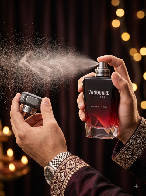 AI Festive Fragrance Photography Prompts Luxury Mens Perfume Packshots and Diwali Campaign Studio Scenes - Angle 3
