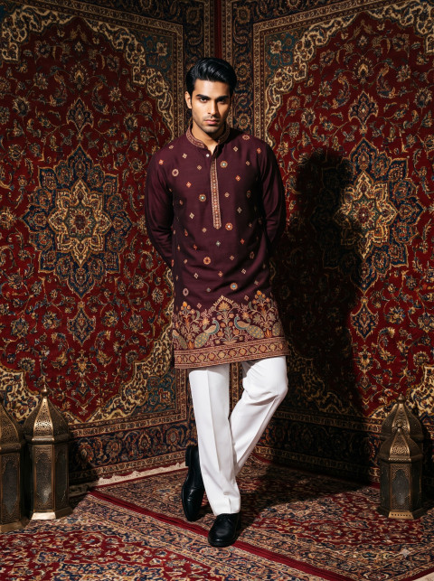 Men's Traditional Embroidered Kurta Full-Length Editorial Photography Prompt