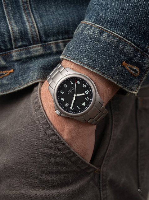 Menswear Lifestyle Product Photography Prompt Automatic Titanium Watch with Denim Jacket