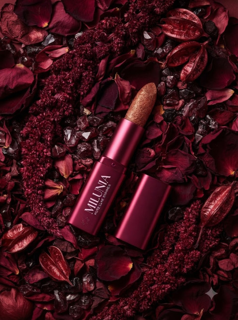 Metallic Lipstick Flat Lay with Rose Petals