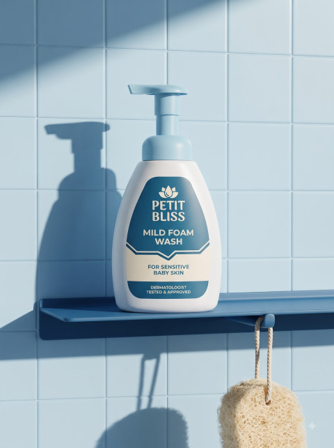 Minimalist Baby Foam Cleanser AI Product Photography Prompt Blue Tile Shelf
