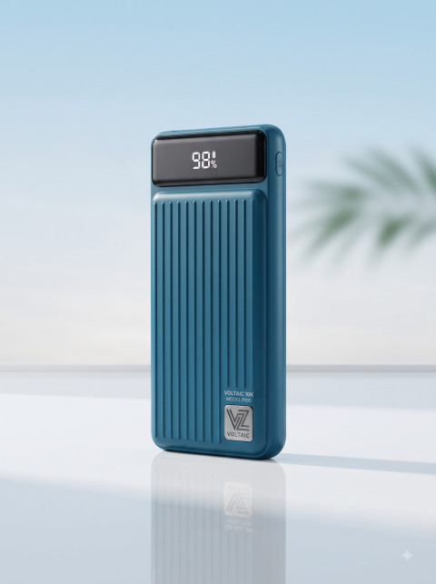 Minimalist Studio Product Photography Prompt Blue Power Bank on Glossy Surface