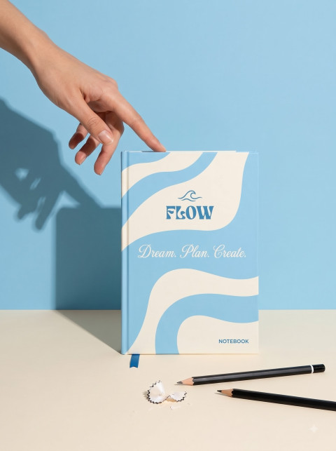 Minimalist Studio Product Photography Prompt Model Hand Pointing to Hardcover Notebook with Pencils