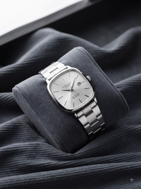 Minimalist Watch Display AI Still Life Product Photography Prompt Charcoal Corduroy Fabric