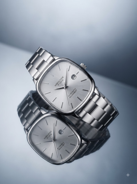 Mirror Reflection Timepiece AI Commercial Product Photography Prompt Dual Angle Display