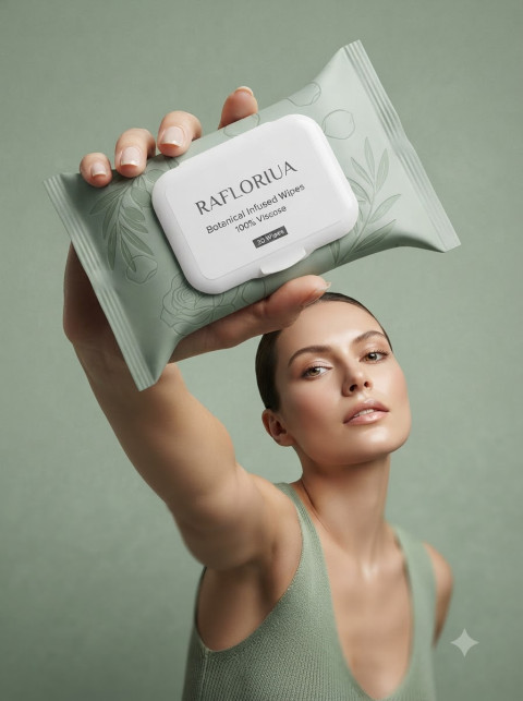 Model Holding Makeup Wipes Beauty Shot with Green Top