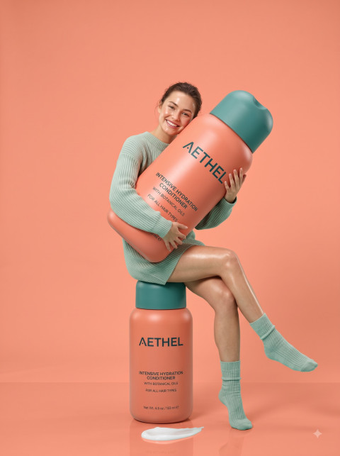 Model Hugging Giant Conditioner Bottle Playful Shot