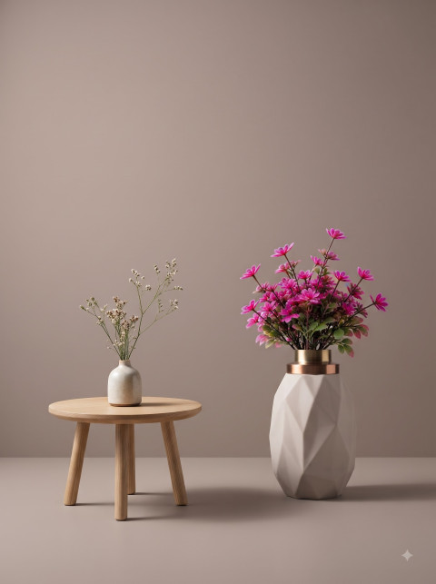 Modern Flower Vase Pair Beside Round Wooden Stool Product Photography Prompt
