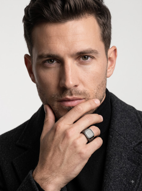 Dark Titanium Signet Ring Minimalist Studio & Lifestyle Photography Prompts - Angle 3