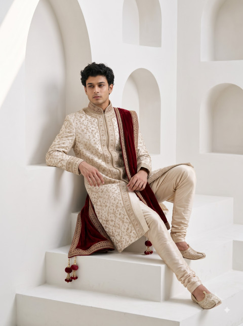Mens Embroidered Raw Silk Groom Sherwani AI Fashion Photography Prompts - Primary Shot