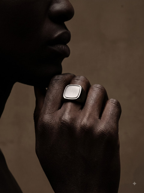 Monochromatic Male Profile with Brushed Signet Ring Fine Art Editorial Jewelry Photography Prompt