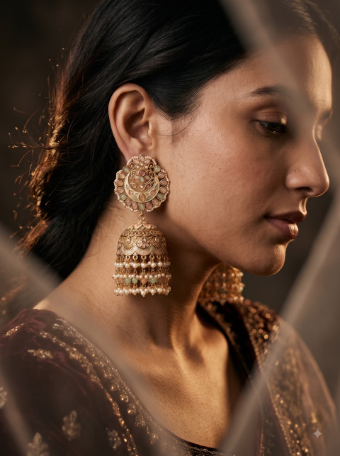 Moody Atmospheric Jhumka Earrings Editorial Product Photography Prompt
