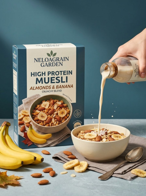 Muesli Box with Milk Pouring Action Shot