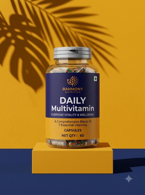 Multivitamin Bottle Studio Shot on Yellow Podium with Shadows