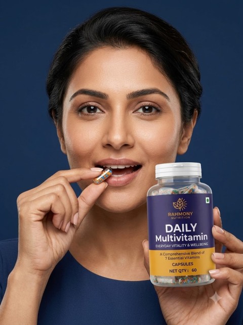 Multivitamin Model Consuming Capsule Lifestyle Shot