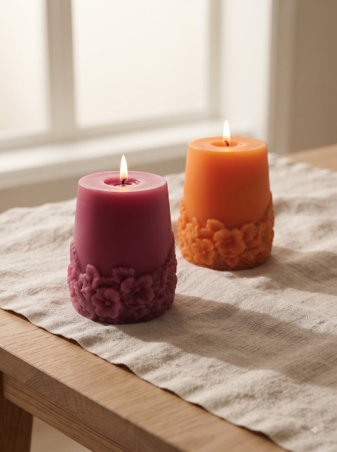 Natural Linen Tabletop Candle Duo Warm Lifestyle Product Photography Prompt