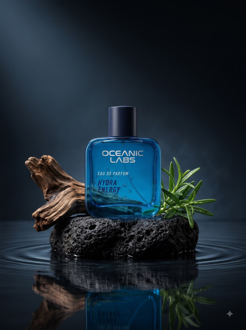Nature-Inspired Commercial Product Photography Prompt Aquatic Fragrance on Volcanic Rock