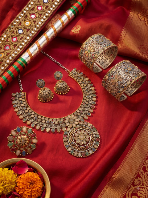 Navratri Season Jewelry Commercial Tabletop Photography Prompt Silk Saree Flat Lay