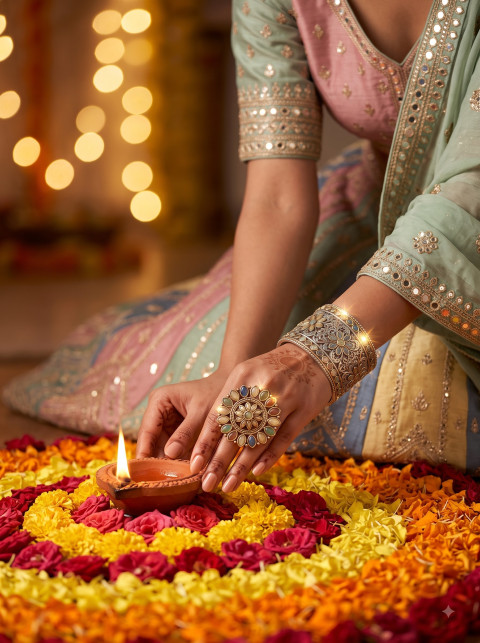 Navratri Season Jewelry Contextual Product Photography Prompt Floral Rangoli Ritual
