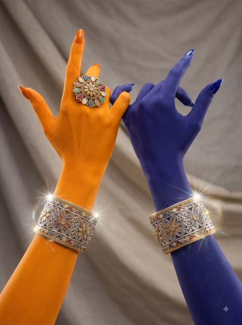 Navratri Season Jewelry Creative Editorial Photography Prompt Saffron and Indigo Body Art