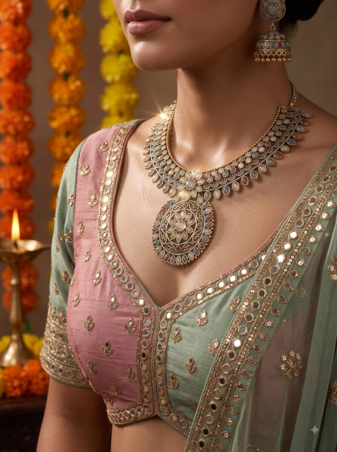 Navratri Season Jewelry Editorial Fashion Photography Prompt Ornate Choker and Jhumkas
