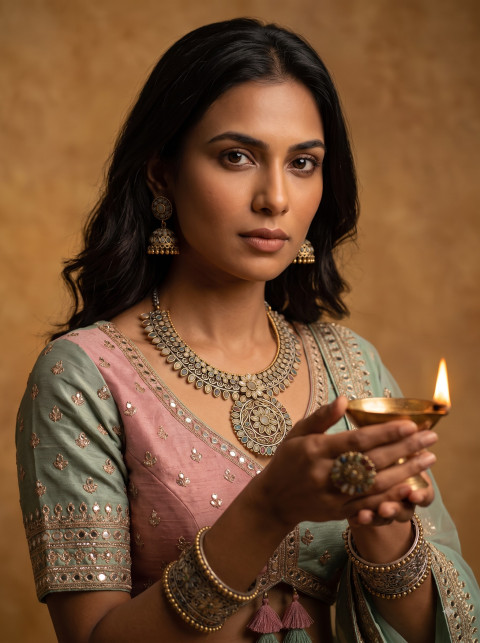 Navratri Season Jewelry Editorial Portrait Photography Prompt Traditional Diya Aura