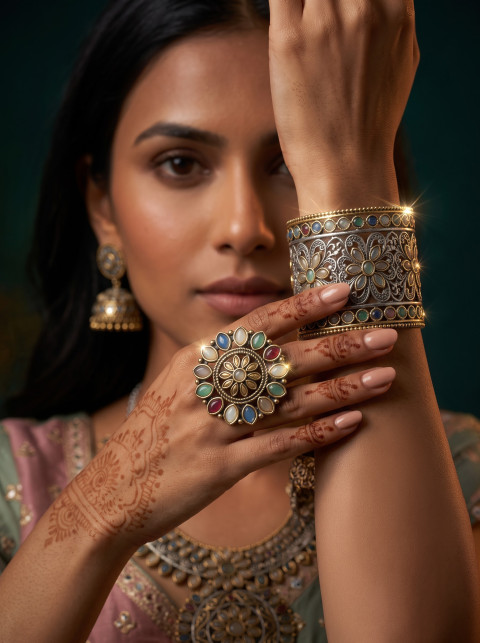 Navratri Season Jewelry Macro Close-Up Photography Prompt Mehendi Hand and Statement Ring