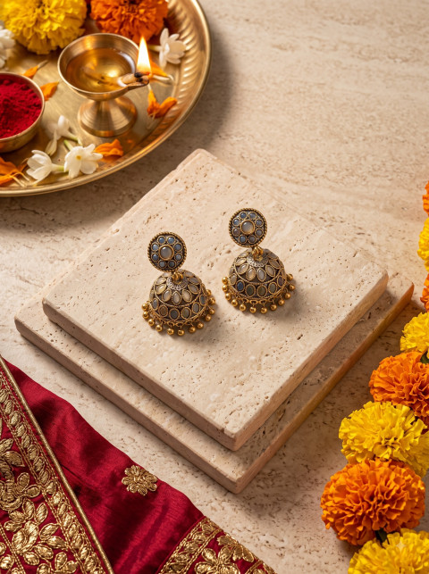 Navratri Season Jewelry Minimalist Tabletop Photography Prompt Travertine Pedestal Staging