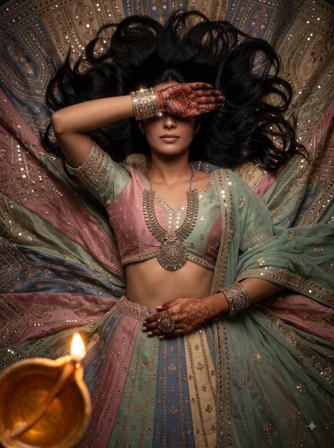 Navratri Season Jewelry Overhead Flat Lay Photography Prompt Spread Lehenga Aesthetic