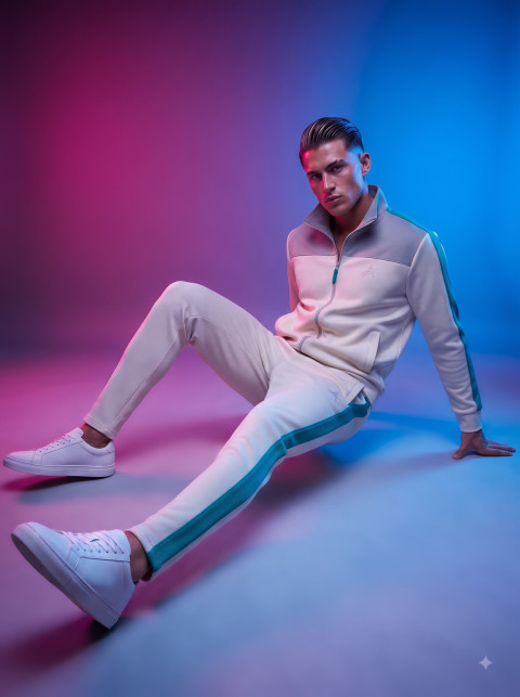 Neon Lit Male Model in Track Suit Studio Shot