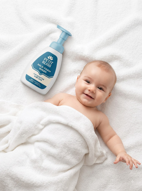 Newborn Baby and Mild Foam Wash AI Product Photography Prompt Overhead Towel Flat Lay