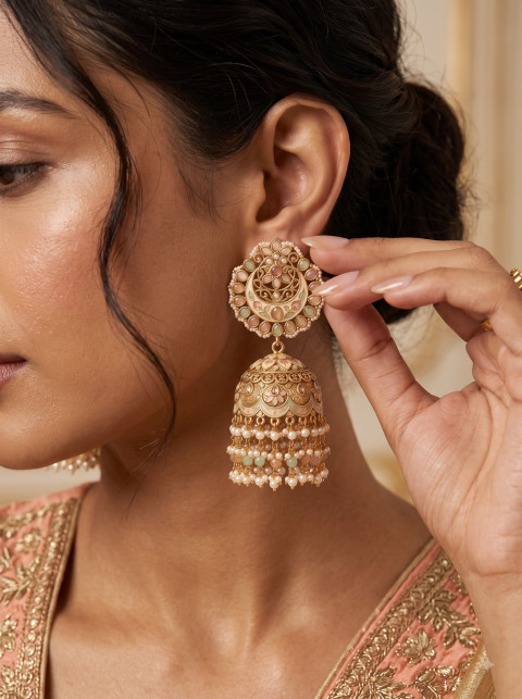 On-Model Jhumka Earrings Beauty & Fashion Product Photography Prompt