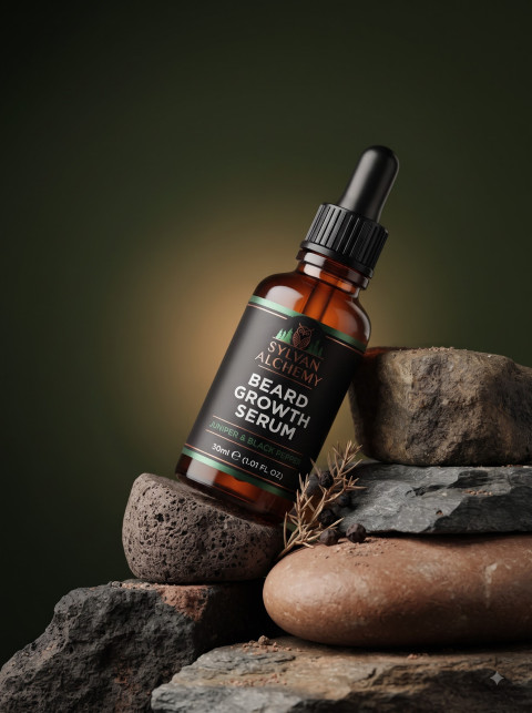 Organic Skincare Beard Serum AI Product Photography Prompt Earthy Stone Pedestal