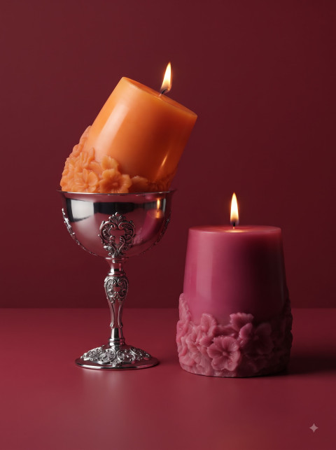 AI Pillar Candle Duo Photography Prompts: Floral Embossed Wax Styles - Angle 3