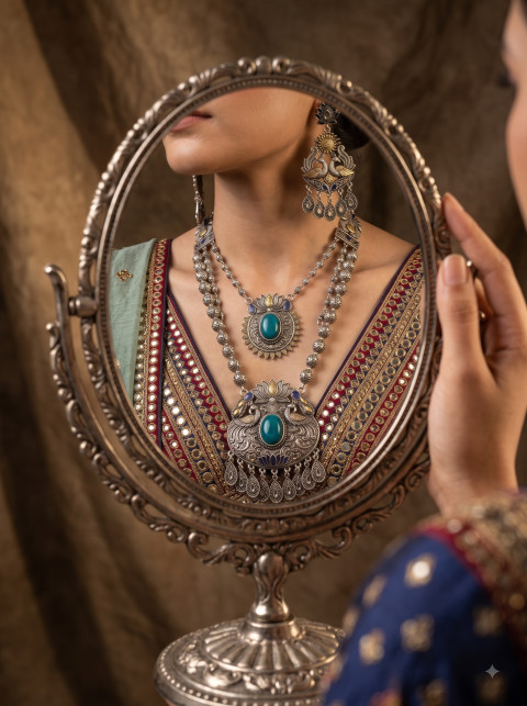 Ornate Silver Necklace Set Mirror Reflection AI Product Photography Prompt Close-Up