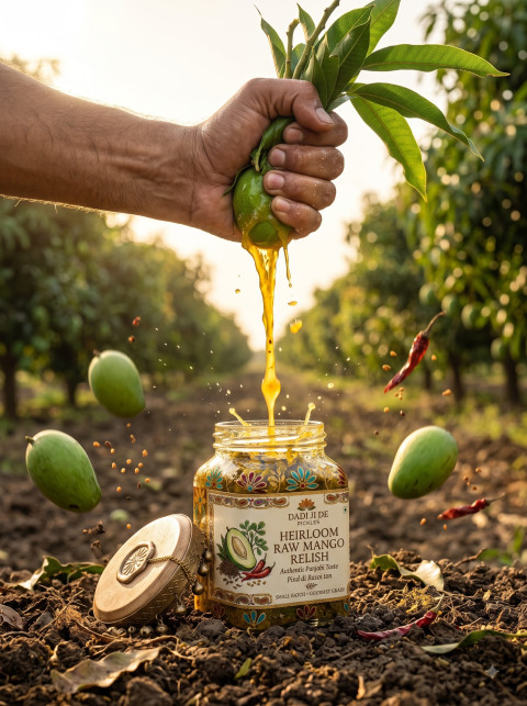 Dadi Ji Pickles Heirloom Raw Mango Relish Artisan Studio Photoshoot Prompt - Angle 3