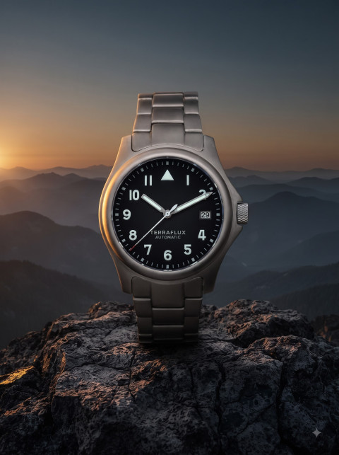 Outdoor Adventure Product Photography Prompt Titanium Watch on Mountain Peak at Sunset
