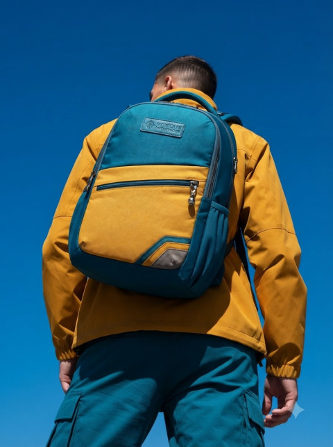 Outdoor Backpack Worn by Model Under Clear Blue Sky