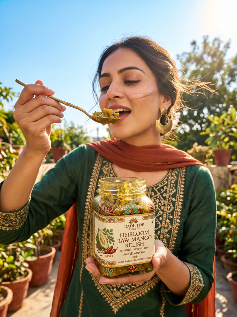 Outdoor Lifestyle Food Commercial Photography Prompt Smiling Woman Tasting Mango pickle