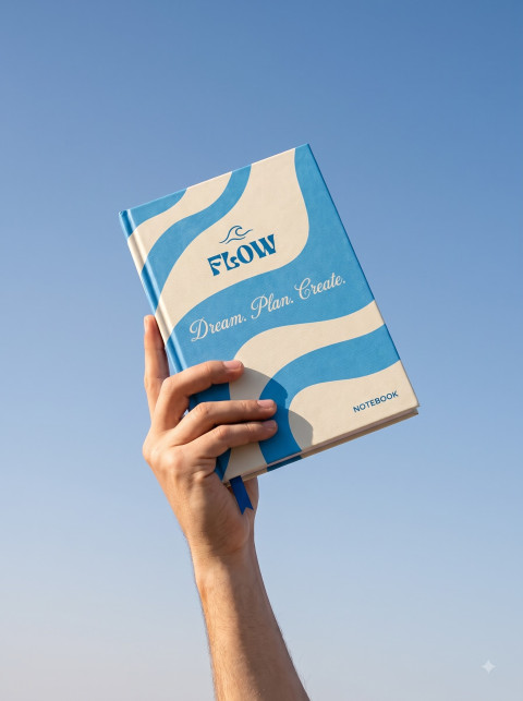 Blue Wave Hardcover Notebook Ecommerce Photoshoot Prompts - Angle 2