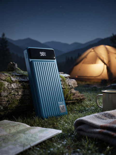 Outdoor Lifestyle Product Photography Prompt Power Bank by Campfire Tent Scene